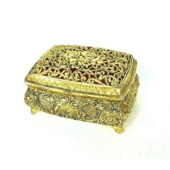 Vintage Sankyo Gold Filigree Musical Jewelry Open Work Trinket Box Made in Japan - Picture 8 of 11
